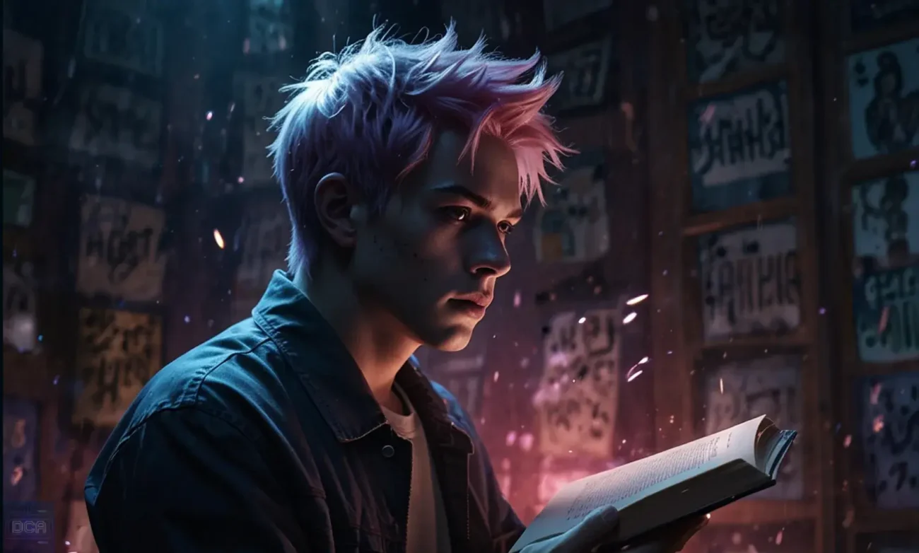 Banner para o post 'Manhwa: Guia Completo para Iniciantes', mostrando um jovem leitor descobrindo o universo dos quadrinhos coreanos através de um livro mágico e brilhante.